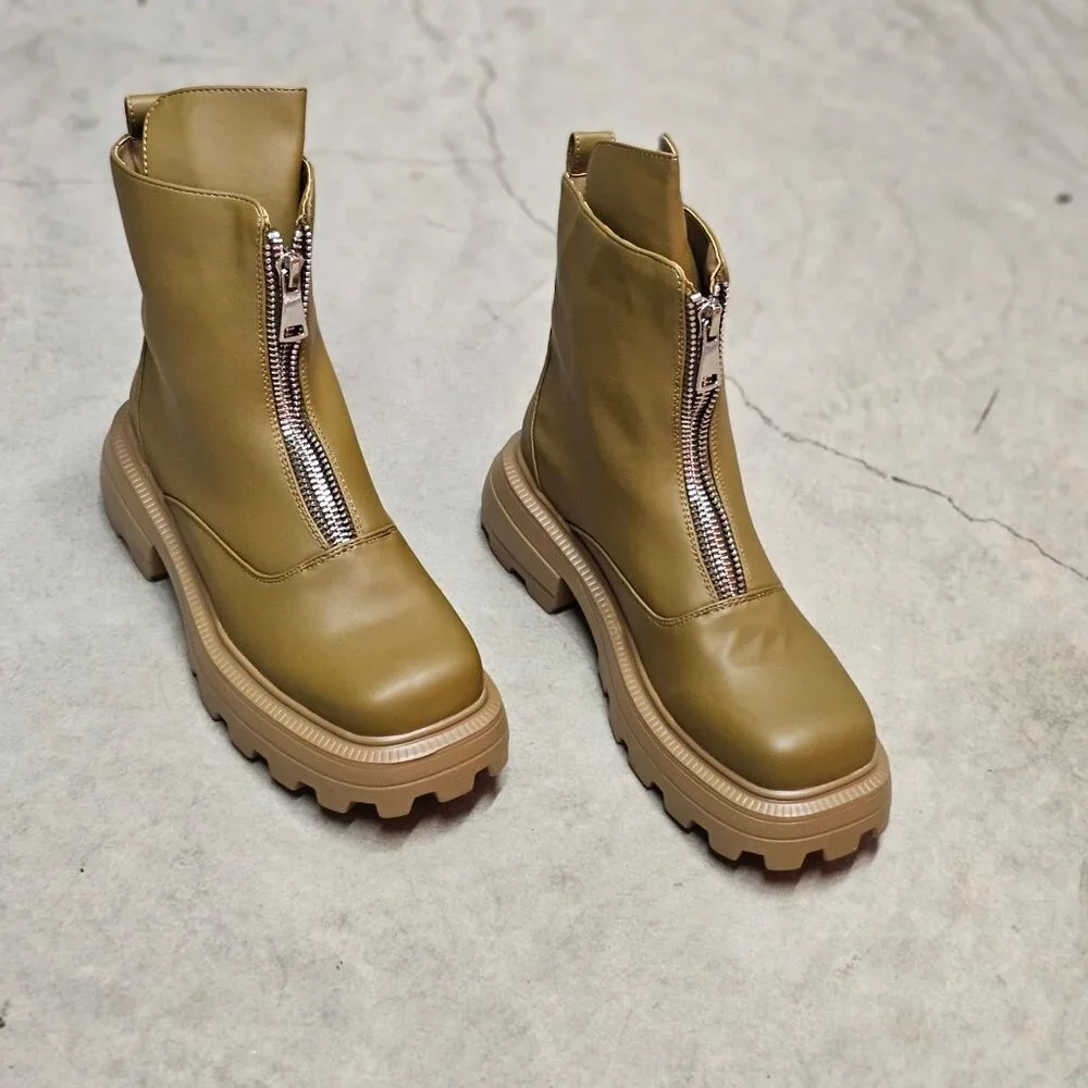 Chunky Sole Olive Green Leather Ankle Boots With Front Zipper And Lug Outsole Fo - Picture 4 of 8